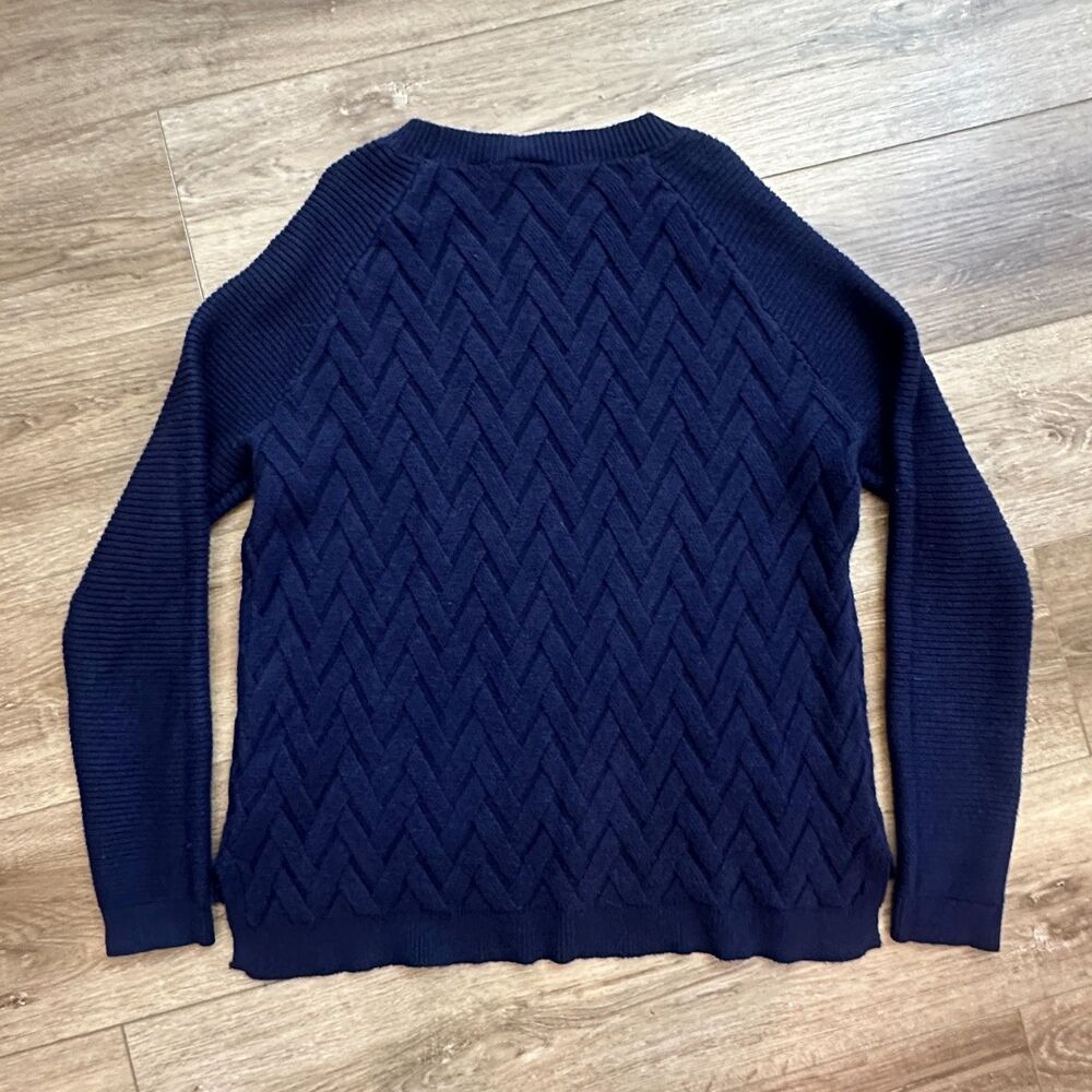 Navy Blue Lattice Cable Knit Crewneck Raglan Pullover Sweater Size Large